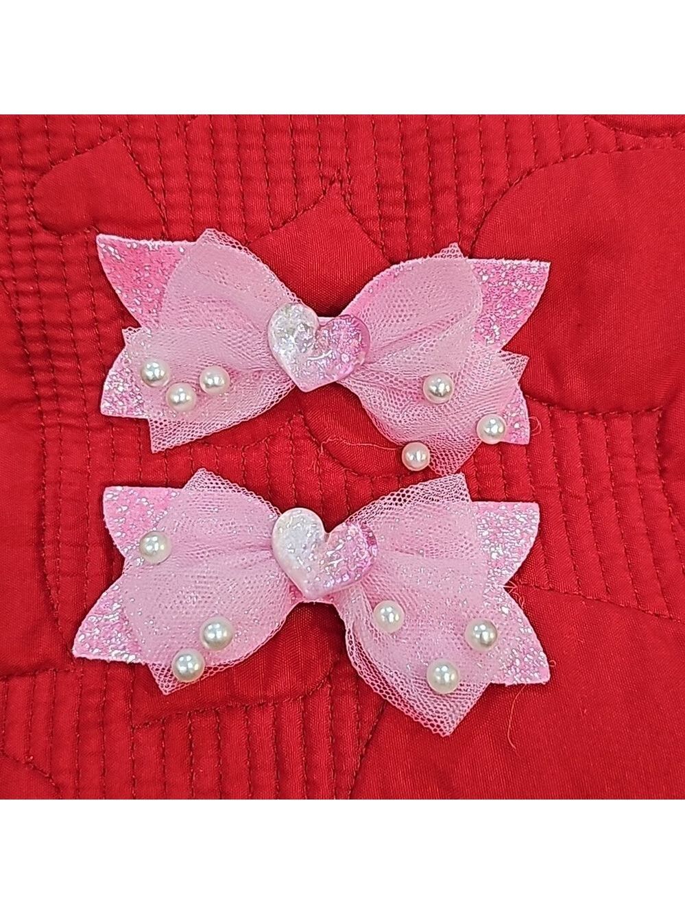 One pair heart mesh glitter hair bow